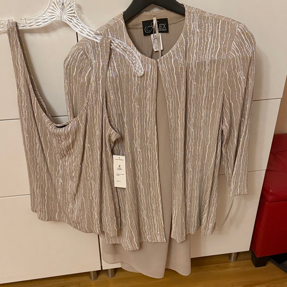 Alex Evenings Taupe and Metallic Dress Ensemble
